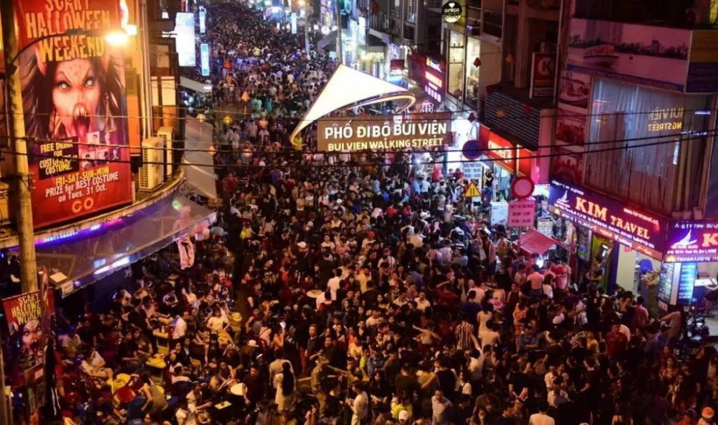 The crowded Bui Vien Street in Ho Chi Minh City at night