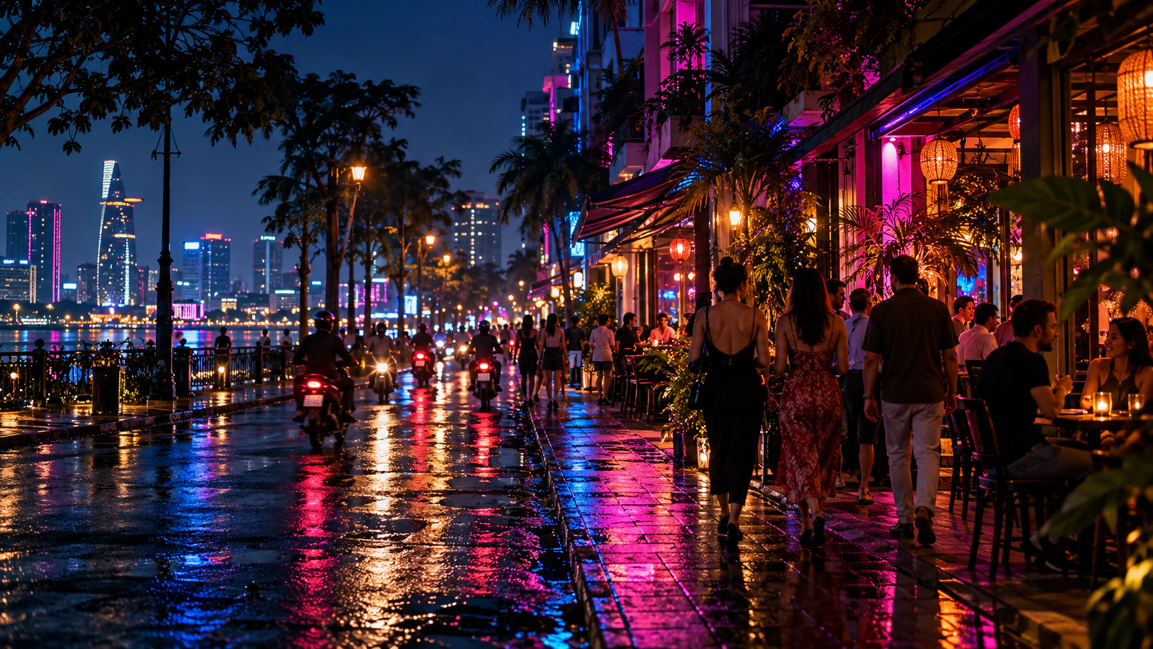 Ho chi minh city night under neon lights editorial illustration